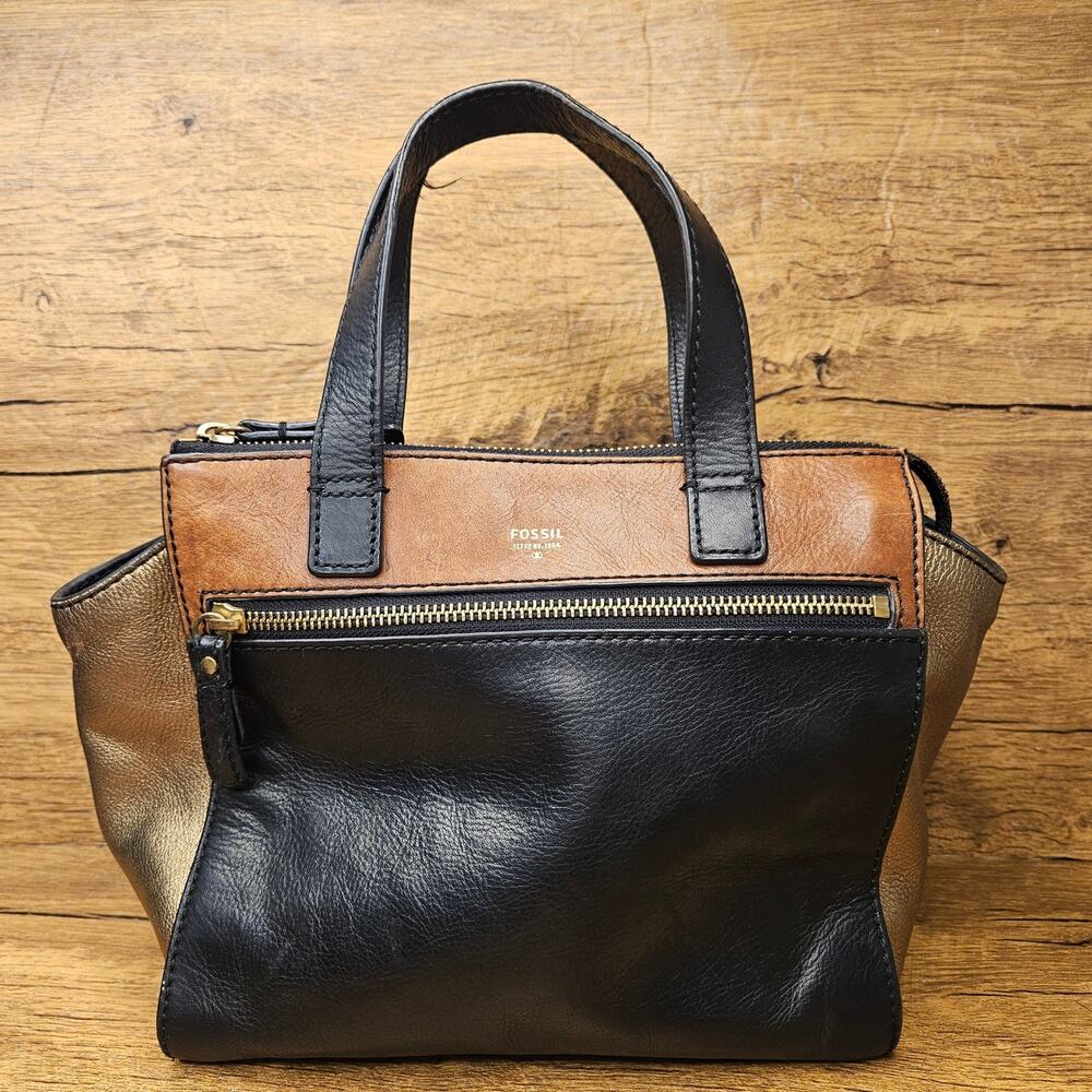 Fossil Black Gold Top Handle leather purse handbag
